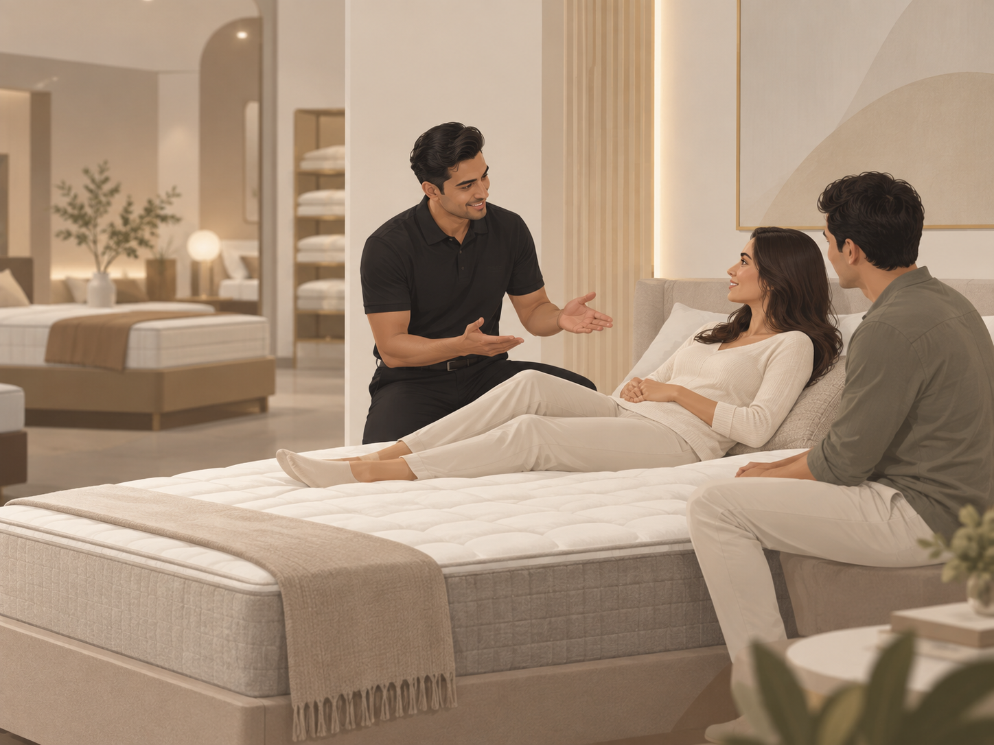 A Comfort World sleep consultant guiding customers through a mattress consultation